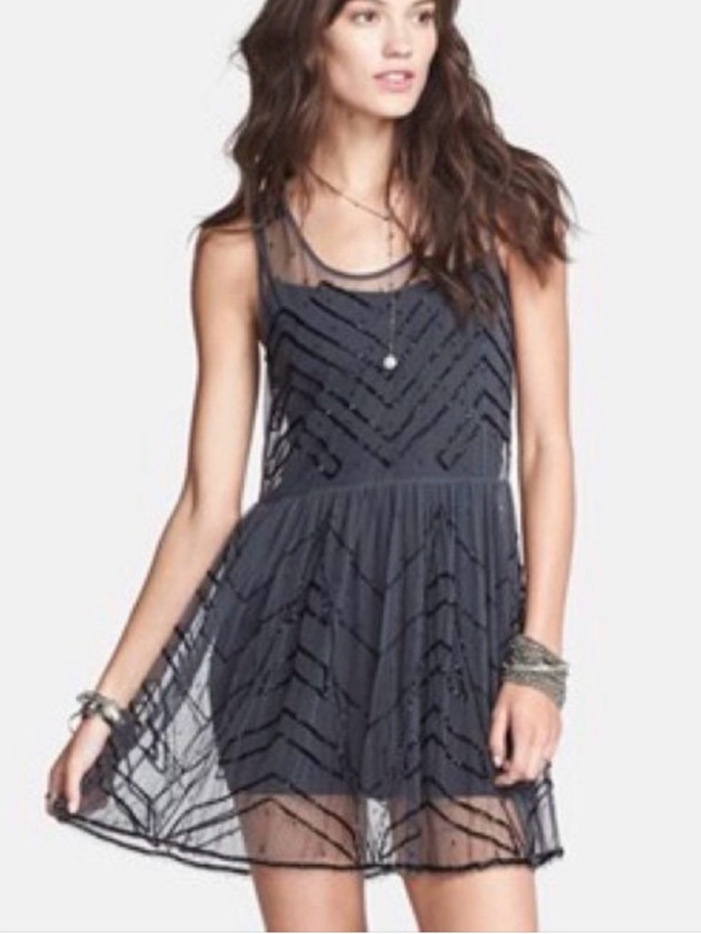 Free People Black Sheer Beaded Mini Dress